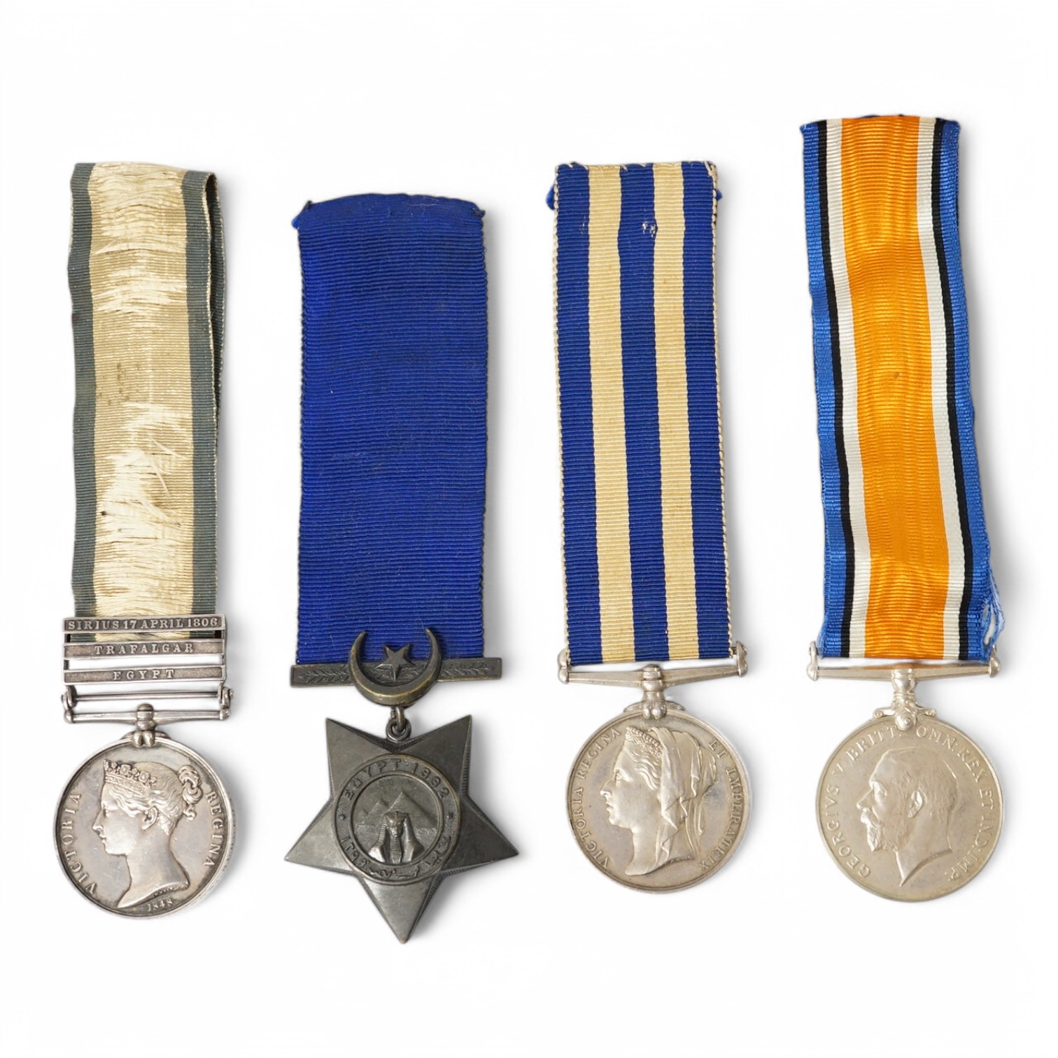 Battle of Trafalgar interest; Four medals awarded to members of the Robertson family. A Victorian naval General Service Medal to Thomas Robertson, Surgeon, with three bars for;, Sirius 17 April 1806, Trafalgar and Egypt,